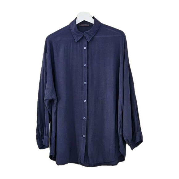 Lola Made In Italy Top Womens S Navy Buttons LS Lightweight Oversized Viscose - Picture 1 of 15